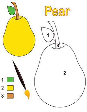 color by number worksheet for numbers 1 – 3 Pear